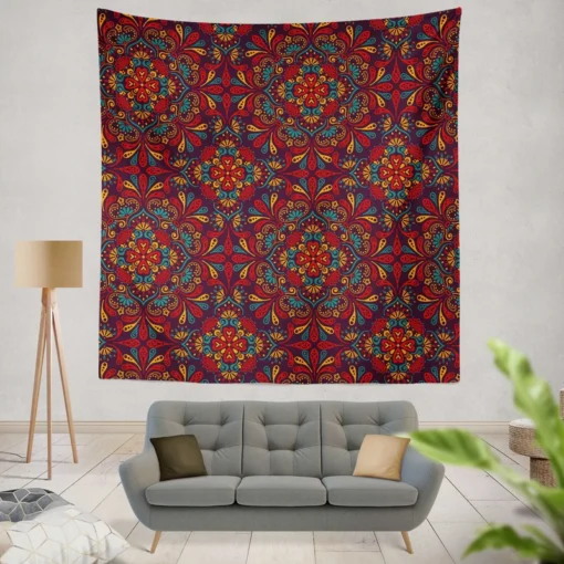 Red Blue Ethnic Floral Pattern Wall Tapestry