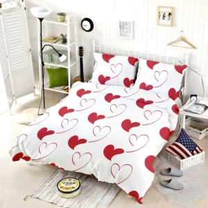 Red Curved Couple Hearts Bedding Set