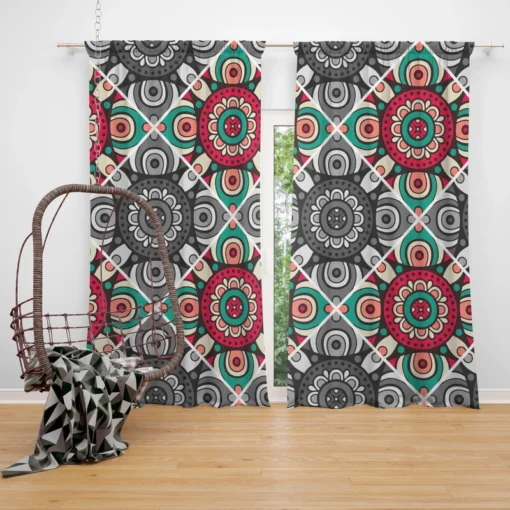 Red Green Grey Ethnically Pattern Curtain