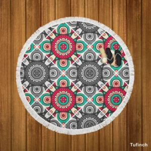 Red Green Grey Ethnically Pattern Round Beach Towel