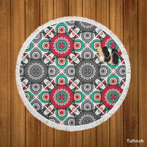 Red Green Grey Ethnically Pattern Round Beach Towel