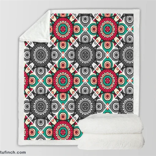 Red Green Grey Ethnically Pattern Sherpa Fleece Blanket