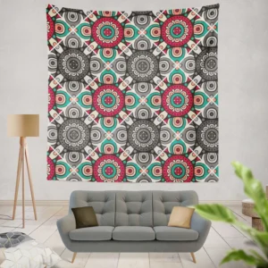 Red Green Grey Ethnically Pattern Wall Tapestry