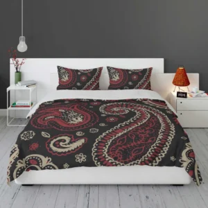 Red Off White Paisley On Black Background Bedding Set 1