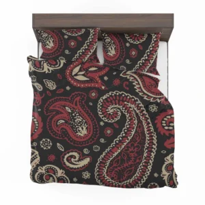 Red Off White Paisley On Black Background Bedding Set 2