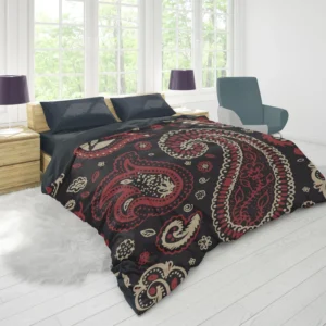 Red Off White Paisley On Black Background Duvet Cover 1