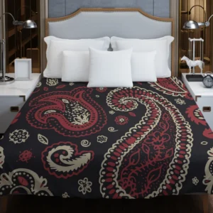 Red Off White Paisley On Black Background Duvet Cover