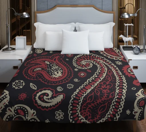 Red Off White Paisley On Black Background Duvet Cover