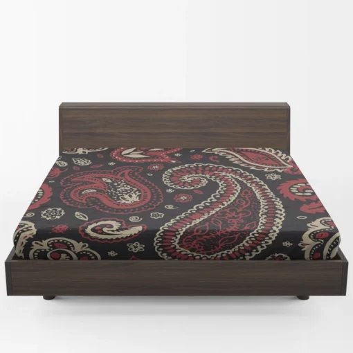 Red Off White Paisley On Black Background Fitted Sheet 1