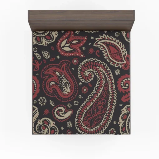 Red Off White Paisley On Black Background Fitted Sheet