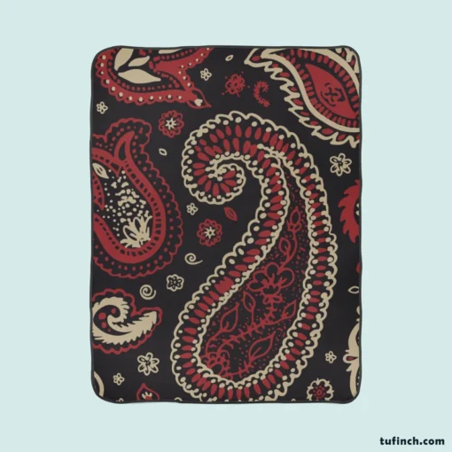 Red Off White Paisley On Black Background Fleece Blanket 1