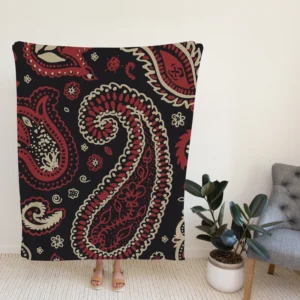 Red Off White Paisley On Black Background Fleece Blanket