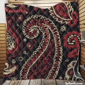 Red Off White Paisley On Black Background Quilt Blanket