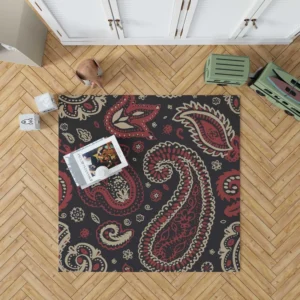 Red Off White Paisley On Black Background Rug