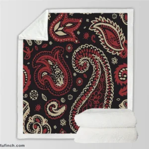 Red Off White Paisley On Black Background Sherpa Fleece Blanket