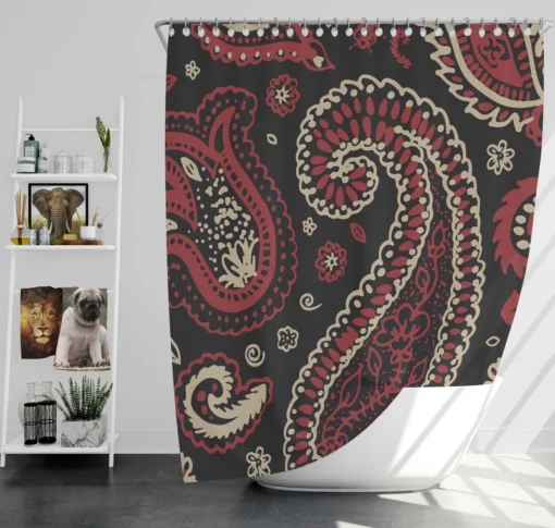 Red Off White Paisley On Black Background Shower Curtain