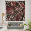 Red Off White Paisley On Black Background Wall Tapestry