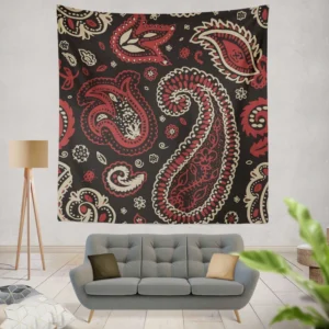 Red Off White Paisley On Black Background Wall Tapestry