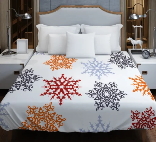 Red Orange Blue Colorful Snowflakes Duvet Cover