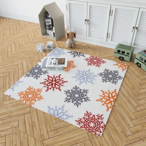 Red Orange Blue Colorful Snowflakes Rug 1