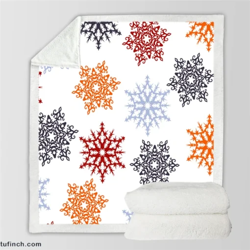 Red Orange Blue Colorful Snowflakes Sherpa Fleece Blanket