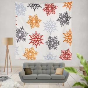 Red Orange Blue Colorful Snowflakes Wall Tapestry