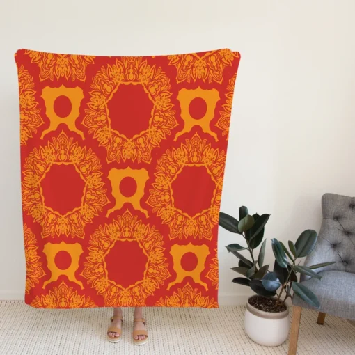 Red Orange Vintage Ornamental Pattern Fleece Blanket