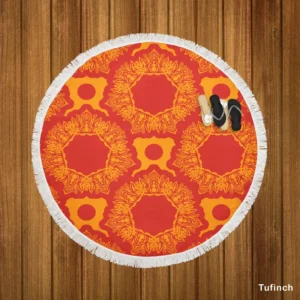 Red Orange Vintage Ornamental Pattern Round Beach Towel