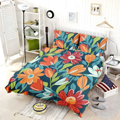 Red Orange White Flowers Bedding Set