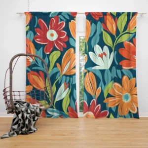 Red Orange White Flowers Curtain