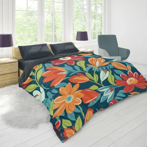 Red Orange White Flowers Duvet Cover 1