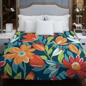 Red Orange White Flowers Duvet Cover