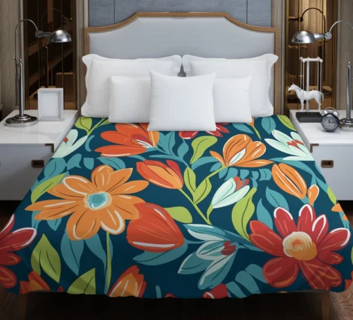 Red Orange White Flowers Duvet Cover