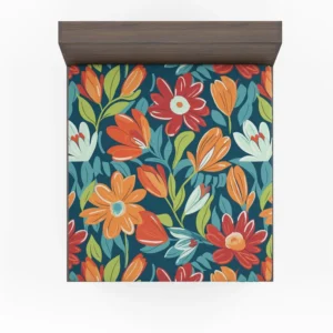 Red Orange White Flowers Fitted Sheet