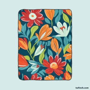 Red Orange White Flowers Fleece Blanket 1