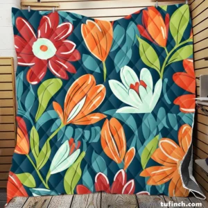 Red Orange White Flowers Quilt Blanket