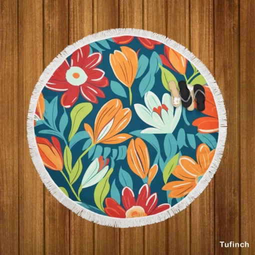 Red Orange White Flowers Round Beach Towel