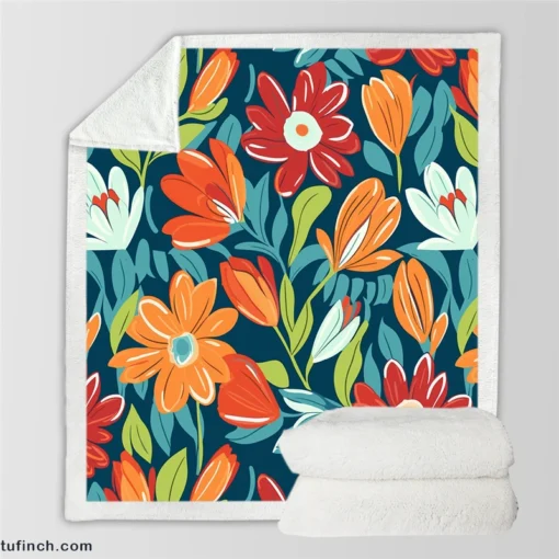 Red Orange White Flowers Sherpa Fleece Blanket