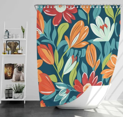 Red Orange White Flowers Shower Curtain