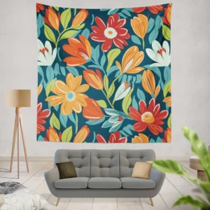 Red Orange White Flowers Wall Tapestry