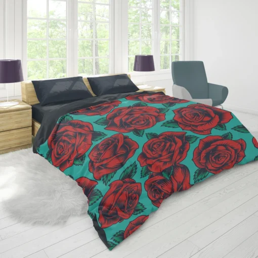 Red Rose Print Pattern Duvet Cover 1