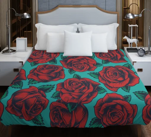 Red Rose Print Pattern Duvet Cover