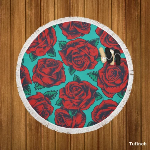 Red Rose Print Pattern Round Beach Towel