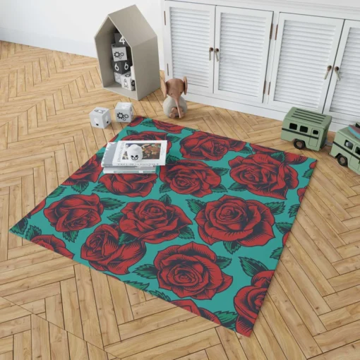 Red Rose Print Pattern Rug 1