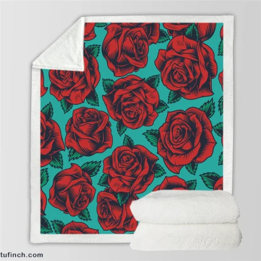 Red Rose Print Pattern Sherpa Fleece Blanket