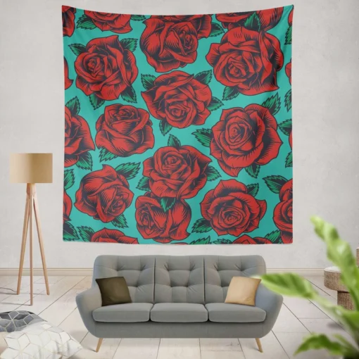 Red Rose Print Pattern Wall Tapestry