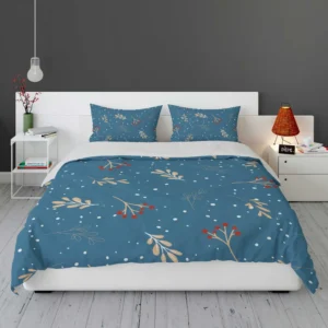 Red Viburnum Winter Leaves Pattern In Blue Bedding Set 1