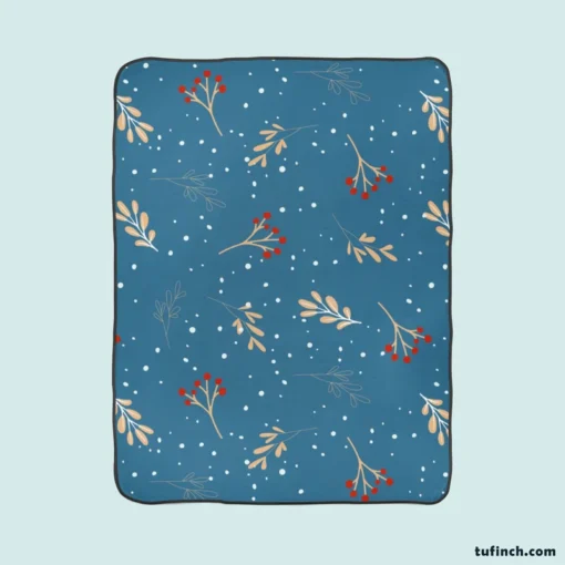 Red Viburnum Winter Leaves Pattern In Blue Fleece Blanket 1