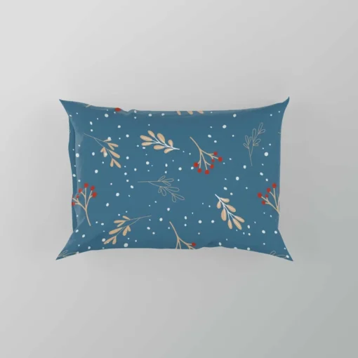 Red Viburnum Winter Leaves Pattern In Blue Pillow Case