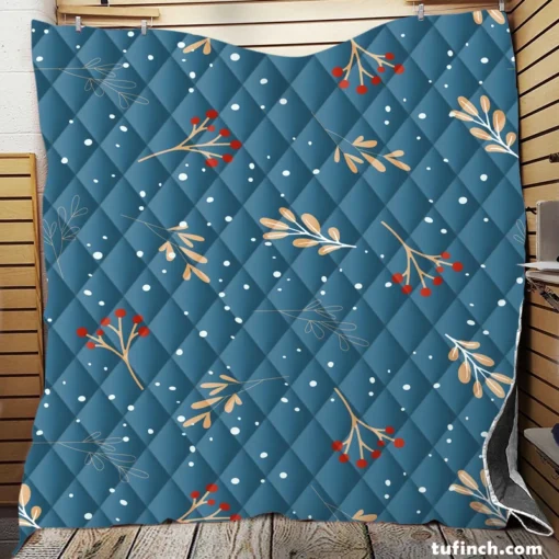 Red Viburnum Winter Leaves Pattern In Blue Quilt Blanket